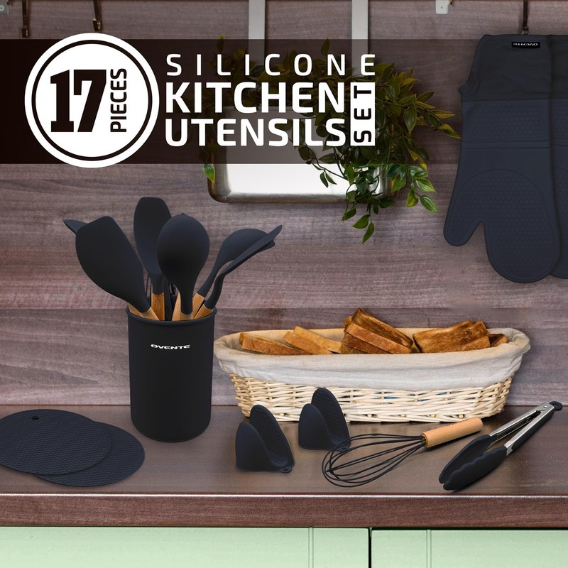 OVENTE Silicone Kitchen Cooking Utensils Set, 17pcs Heat Resistant Cooking