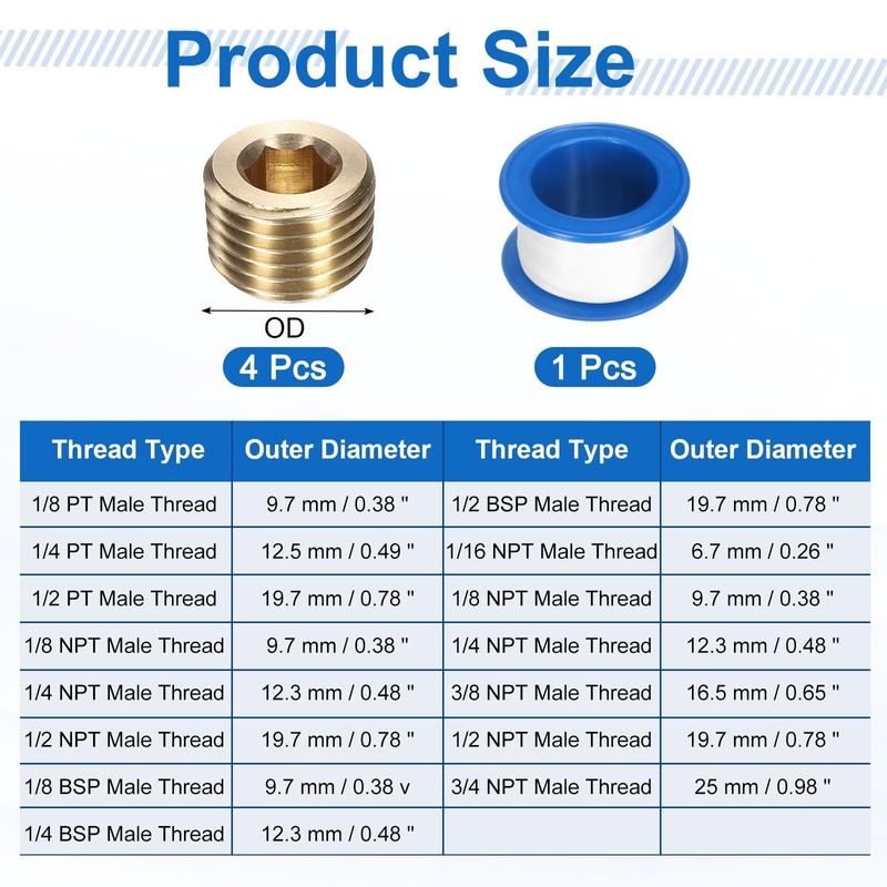 uxcell 4Pcs 1/4 PT Brass Pipe Plug Fitting, Male Thread