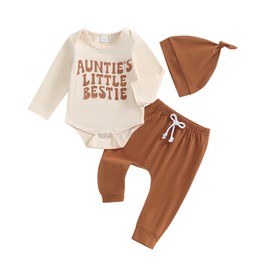 Aunties Bestie Baby Clothes Gender Neutral Unisex Funny Letter Bodysuit Romper Solid Leggings Pants Hat 3Pcs Outfits (Brown Beige, 3-6 Months)