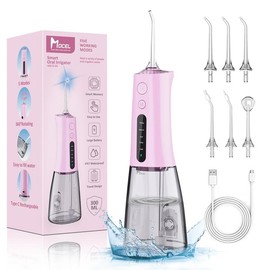 MOCEL Portabl Water Flosser Teeth Cleaner 5 Modes 6 tips Cordless Oral Irrigator and USB C Rechargeable IPX7 Waterproof tooth water pick for Home Travel Rechargeable Portable Rechargeable Portable - Color: Pink