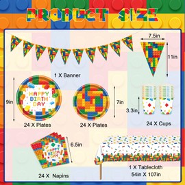 Building Block Party Decorations 98Pcs Building Block Party Decorations Suppiles Set Include Plates, Napkins, Cups, Banner and Tablecloth Building Block Theme Party Favors Kit (Building block)