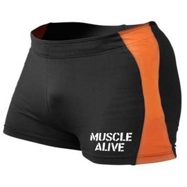 Muscle Alive Mens Bodybuilding Shorts Tights Polyester and Spandex Size L Black with Orange