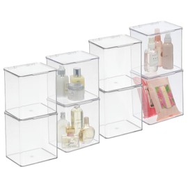 mDesign Plastic Bathroom Storage Organizer Box Container with Hinged Lid for Vanity Drawers/Countertop - Hold Lotions, Face Towels, Shampoo, Conditioner, Cotton Swabs, Soap, Accessories, 4 Pack, Clear