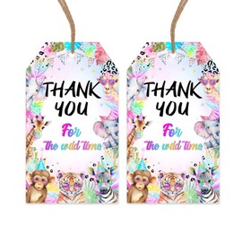 50Pcs Jungle Thank You Tags Wild Animals Gift Tag with String for Jungle Safari Theme Baby Shower Birthday Party, Rainbow Tiger Elephant Animal Party Favor Tags