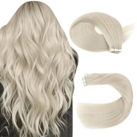 Sassina Invisible Tape-In Remy Hair Extensions, White Blonde, Thick Tape-In Extensions, Reusable, Double-Sided Tape-In Real Hair Extensions, 50 cm, 50 g, 20 Pieces, #1000
