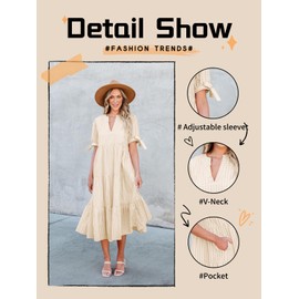 Theenkoln Womens Casual Midi Dress: Short Sleeve V-Neck Empire Waist Gingham Spring Fashion Long Trendy Tiered Formal Dresses Champagne