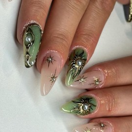 Green French Tip Press on Nails Medium Almond Fake Nails with 3D Sun Totem Pearl Design Glue on Nails Glossy Artificial Acrylic Full Cover Stick on Nails Medium Almond False Nails for Women Girls