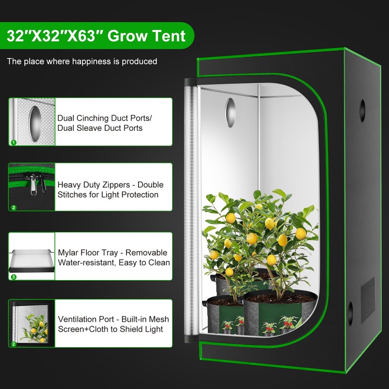 MELONFARM 32"x32"x63'' Grow Tent, High Reflective 600D Diamond Mylar Canvas