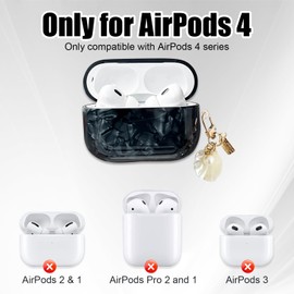 Compatible with AirPods 4 Case Soft TPU Shell Print Protective Case Cover with Shell Keychain Visible Front LED for Women Girl for Airpod 4 (Black)