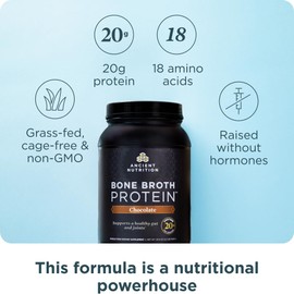 Ancient Nutrition Grass Fed, Cage Free, Bone Broth Protein Powder, 20g Protein, Hydrolyzed Collagen Peptides, Keto & Paleo Friendly, Supports Joint, Gut Health, Chocolate, 40 Servings