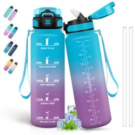 Water Bottle 1 Litre, Water Bottle with Straw, Sports Water Bottle with Motivational Slogan, Leak-Proof Water Bottle with Time Marking, Water Bottle for Bike, Camping, Hiking, Yoga, Blue/Purple