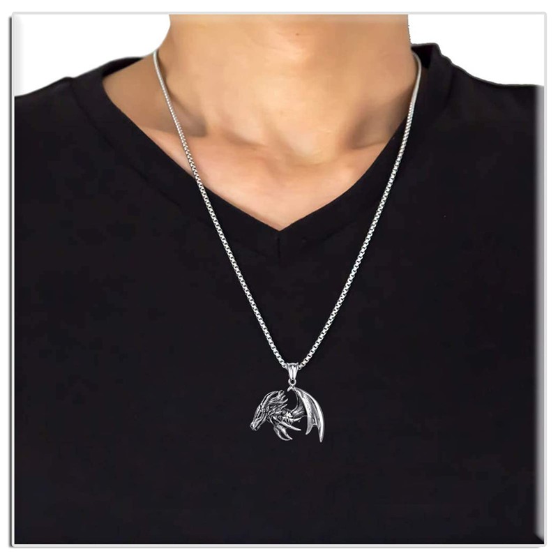 Xusamss Punk Titanium Steel Wing Dragon Pendant Necklace with 24inches