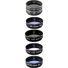 ICE 1.25" Telescope Filter Set 6 Filters Variable Polarizer, LiPoMax, Moon, IR/UV Cut, Jupiter & Wallet Optical Glass