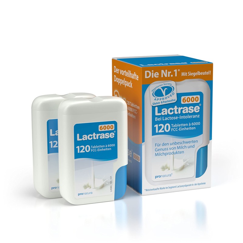 pro natura Lactrase 6000 – 2x120 Lactase Tabletten bei Lactose-Intoleranz,