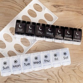 Black and White Weekly 2X/Day Pill Planner, AM/PM Med Box Removes from Tray (Black & White, 2 Pack)