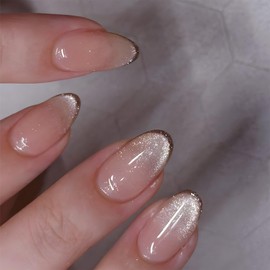 Xanthelle Press on Nails, Nude Farbverlauf Cat Eye French Nägel Set mit Gelee Kleber und Reibstreifen, Künstliche Nägel für Damen Sommer Maniküre