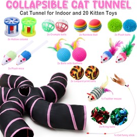 Poen 21 Pcs Cat Tunnel for Indoor Set Collapsible 5 Way Tubes with 20 Pcs Cat Kitten Toys Interactive Feather Toy Mouse Crinkle Balls Tube for Puppy Kitten Rabbit(Pink Black)