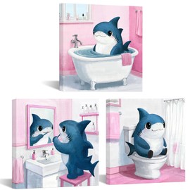 Fochorlo Boys Girl Room Decor Funny Bathroom Wall Art Shark Decor for Kids 12"x12"x3pcs (Pink)