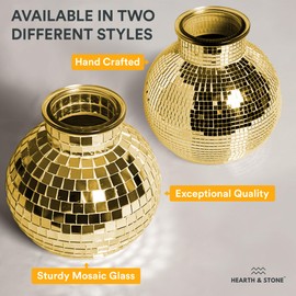 Disco Ball Planter | 7” Disco Ball Vase for Flowers & Plants | Handmade Gold Color Square Large Mirrors Center Piece | for Indoor & Outdoor Decor | Disco Ball Plant Holder Gold