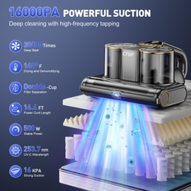 CFBF Mattress Vacuum Cleaner, Bed Vacuum Cleaner with 16Kpa Suction 253.7nm UV-C Light, Ultrasonic & High Heating, 500W Powerful Double-Cup Handheld Vacuums for Bed, Sofa, Couch, Crib, 16.4FT Corded