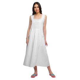 Moomaya Women’s A-Line Flared Nightdress Cotton Plated Neck Placket Nightwear White