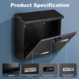 KINGCEPHAS Outside Wall-Mounted Mailbox with Combination Lock, Large Capacity, Wall Mount Waterproof Postbox, Wall Installed Outdoor High Rust Resistance Letterbox, Metal Code Lock (Black)