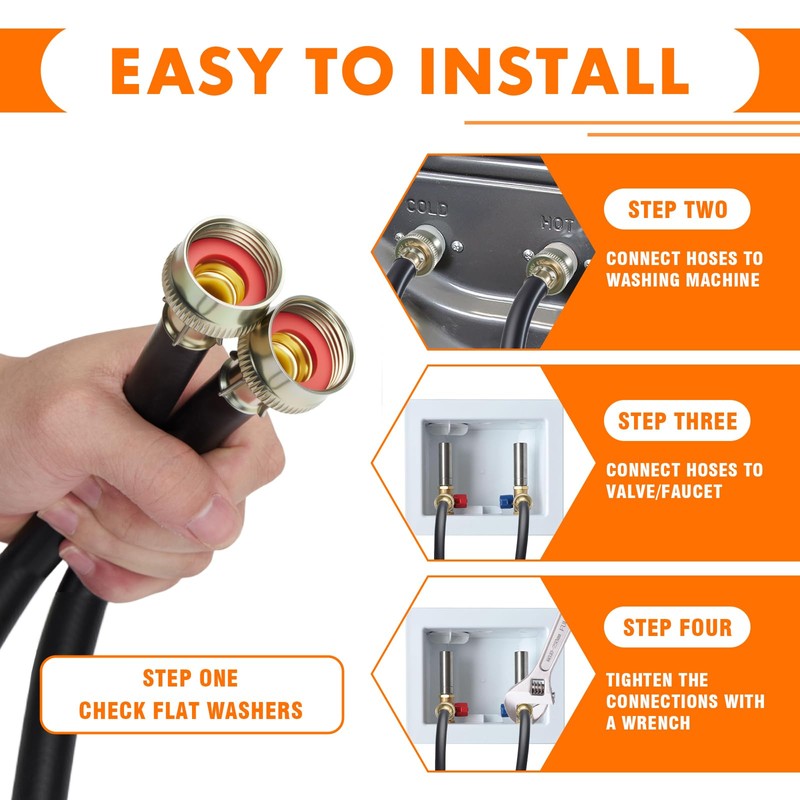 6FT Washing Machine Hoses Black Rubber Hot and Cold Water