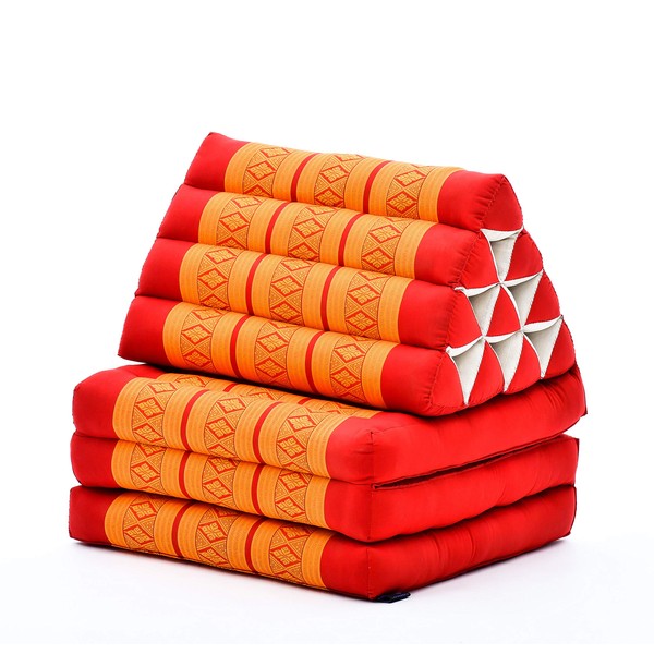 LEEWADEE 3-Fold Mat with Triangle Cushion – Comfortable TV Pillow, Foldable Mattress with Cushion Made of Eco-Friendly Kapok, 67 x 21 inches, Orange red