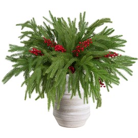 12pcs Christmas Norfolk Pine Stems with Berry Set, 18 Inches Artificial Norfolk Branch 6pack, Faux Berry Stem 6pack,Fake stem Greenery Pine Picks for Indoor Home Vase DIY Outdoor Wreath Decoration