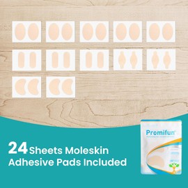 Promifun - Tiras de moleskin con almohadillas para orejas adhesivas para prevención de ampollas, calcomanías para la piel del topo, para pies, talón, zapatos, acolchado, 24 hojas de 4 formas, color