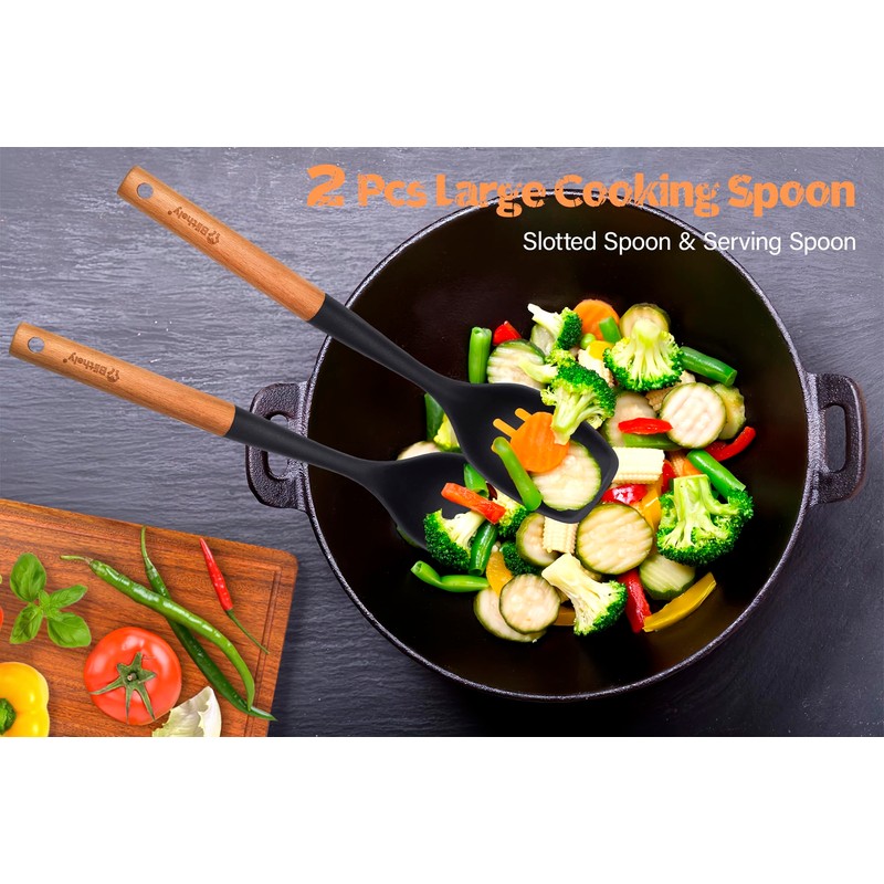 Large Silicone Cooking Spoon Set, 2 Pack Solid Slotted Spoon