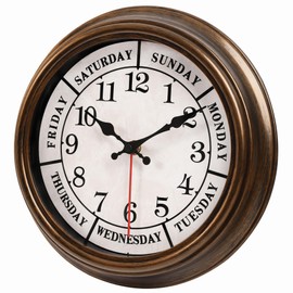 45MinST 12 Inches Retro Wall Clock,Day of The Week Wall Clock,Calendar Day Clock,Silent Non Ticking Battery Operated Movement(Bronze)