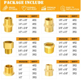 CAMNWAMN 66 PCS NPT Brass Pipe Fittings Assortment Kit, NPT Reducer Bushing, Hex Adapter, Reducer Coupling, Hex Nipple, Reducing Hex Coupling, Pipe Head Plug (66pcs Assortment Kit)