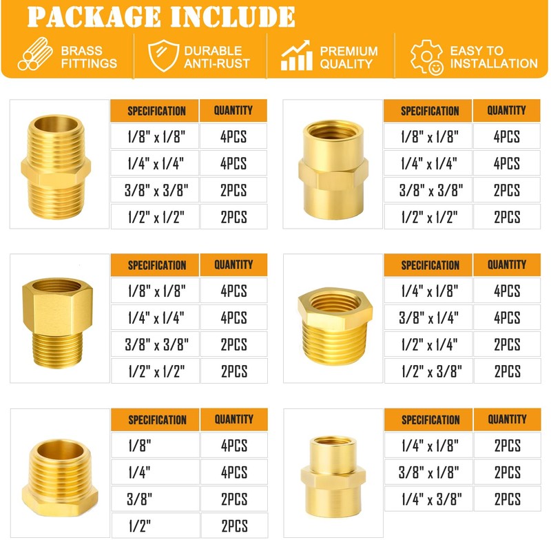CAMNWAMN 66 PCS NPT Brass Pipe Fittings Assortment Kit, NPT