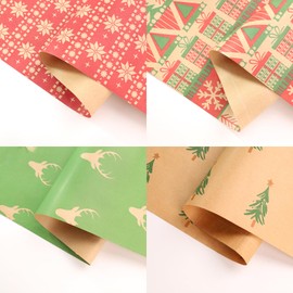 LaRibbons Kraft Christmas Wrapping Paper Set, 30 Inch X 10 Feet (4 Rolls: 100 Sq. Ft. Ttl) Snowflake, Green Tree, Deer Antlers and Gift Box Shapes Design for Xmas, Party, Holiday, Celebration