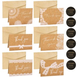 Kraft Paper Thank You Cards Thank Greeting Card Pack of 12. Includes 6 Different Designs. with Envelopes and 12Pcs Stickers for Wedding, Baby Shower, Thanksgiving Day Cards(Thank You Card)