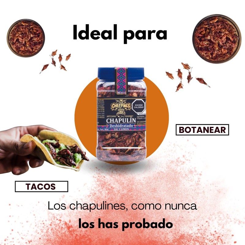 Chapulin Deshidratado Sal y Limon 80g Chilipines, botana saludable, snack