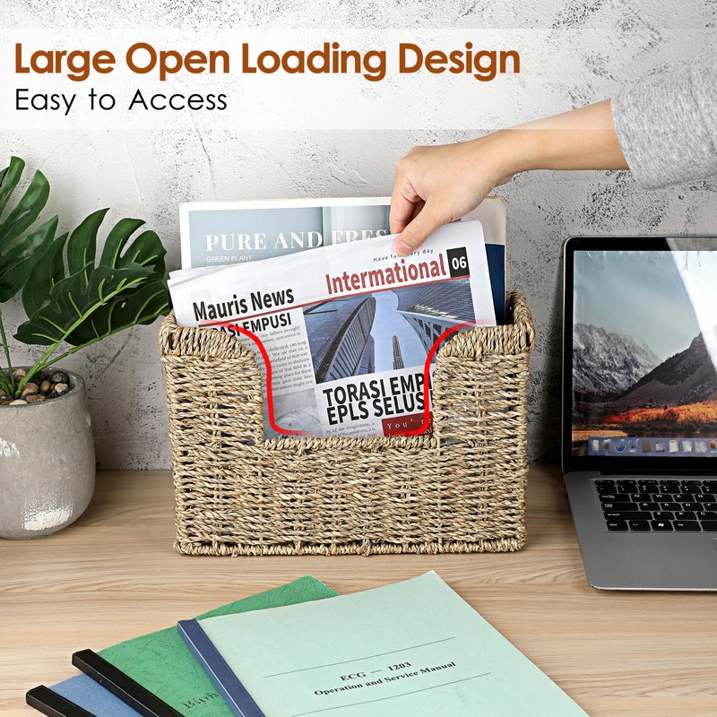 BSTKEY Natural Seagrass Wall Mounted Mail Organizer, Hand-woven Magazine Storage