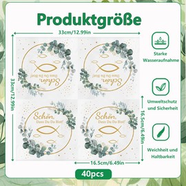 Glamifyr 40 Stück Servietten Kommunion, Servietten Konfirmation Servietten Taufe Junge Mädchen Servietten Schön DASS Du Da Bist, Taufe Servietten Fisch um Eukalyptus weiß als Tischdeko, 33 * 33 cm
