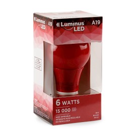 Luminus Led A19 Coloured Red Bulbs, 40W Equivalent (6W) 450 Lumens, 15000 Hour Lifespan, Non-Dimmable, 6 Pack