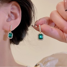 Green Square Crystal Earrings for Women Cz Green Diamond Drop Earrings Dangly Huggie Earrings Jewelry Bridal Earrings for Women and Girls