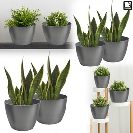 TULMERO Matte Flower Pot, Plastic Planter, Decorative Pot for Large and Small Plants, Set of 2 Flower Pot, Herb Pot, Graphite, Diameter 18 cm