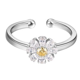 Sterling Silver Daisy Flower Ring for Women Cubic Zirconia Nature Jewelry Adjustable Open Ring