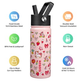 BJPKPK Insulated Water Bottle with Straw Lid, 18 oz Stainless Steel Metal Water Bottles, Reusable Leak Proof BPA Free Water Bottles, Cups, Thermo, Unicorn