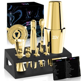IOV Cocktail Shaker Set: 12-Piece Mixology Bartender Kit Bar Set | 16oz & 28oz Boston Shaker Drink Mixing Tools for Home with Recipe Booklet and Stand | Fun Housewarming Gift (Gold)