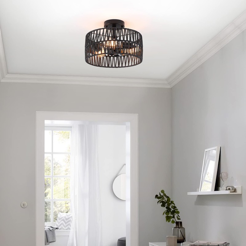Hchunqjor 3-Light Coastal Black Woven Flush Mount Light Fixture Rustic