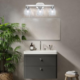 GAOMON 3 Light Bathroom Light Fixtures, Chrome Vanity Light Fixtures Over Mirror Wall Mount Lighting Fixture with Hammered Glass Shade E26 Socket for Hallway Kitchen Bedroom Living Room