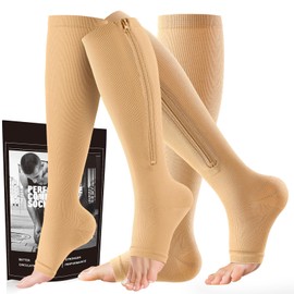 cerpite Zipper Compression Socks Men & Women - 2 Pairs Of 15-20mmhg Open Toe Compression Socks Knee High,Suit For Running
