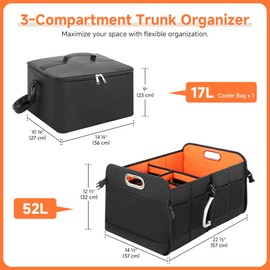 StorageWorks Trunk Organizer for SUV, Multi-Compartment Car Trunk Organizer, Car Organizer and storage with Aluminum Alloy Handle, Medium, Black and Orange, 1-Pack