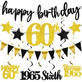 12PCS 60th Birthday Decorations for Men Women, Black Gold Vintage 1965 Happy 60th Birthday Banner Triangle Flag Banner Glitter Hanging Swirls Party Supplies, Cheers to 60 Years Old Bday Decor